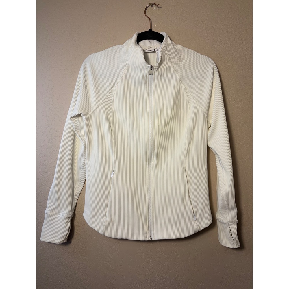 Athleta Ribbed Full Zip Jacket Cream Off White Mock Neck Thumbholes Large